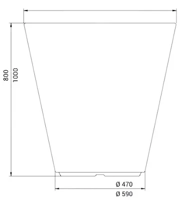 Pflanzkübel in konischer Blumentopf-Form als Zeichnung mit Abmessungen in mm