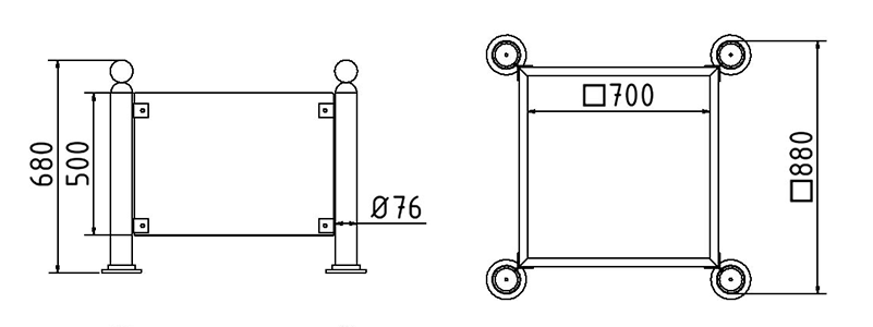 Abmessungen des Pflanzkübels aus Stahl mit Kugelkopf-Design in mm