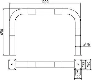 Zeichnung des Abweisebügels Ø 76 mm Höhe 650 mm und Breite 1000 mm mit Abmessungen in mm 