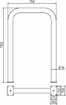 Zeichnung des Abweisebügels Ø 76 mm Höhe 1150 mm und Breite 750 mm mit Abmessungen in mm 