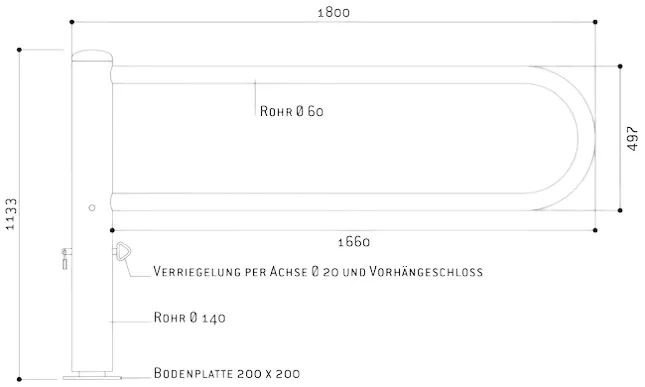 Design-Drehschranke als Zeichnung mit Abmessungen in mm