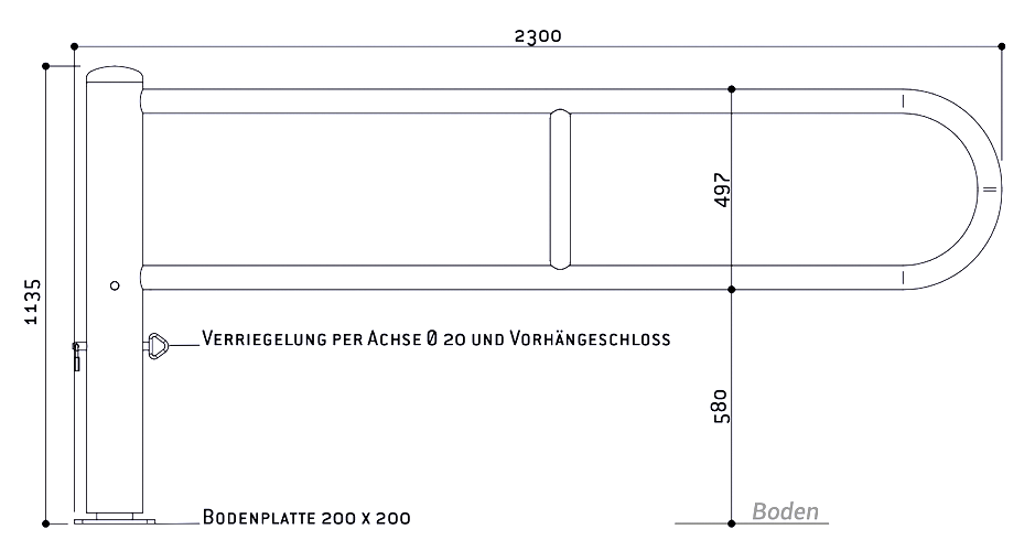 Zeichnung der Design-Drehschranke Länge 2300 mm mit Abmessungen und Details