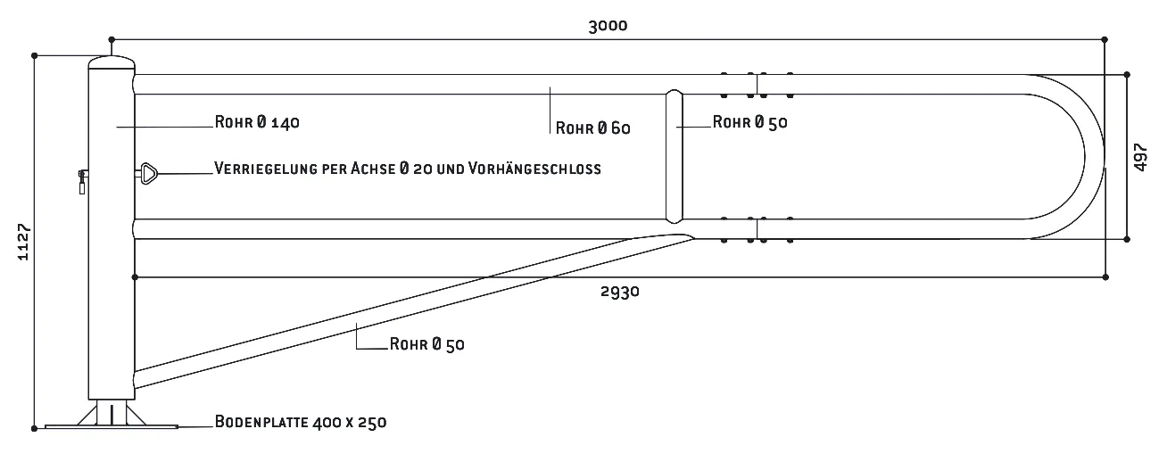 Zeichnung der Design-Drehschranke in Länge 3000 mm mit Abmessungen und Details