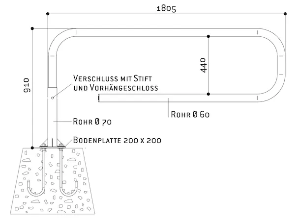 Skizze der Drehschranke in Haarnadelform mit Abmessungen, Details und Fundament