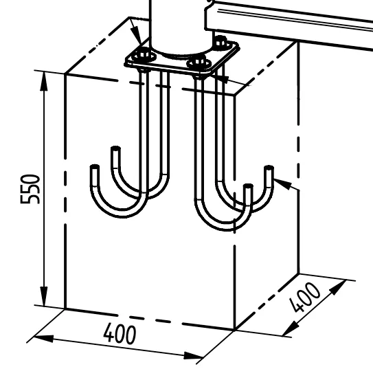 Skizze des Fundaments für den Standpfosten mit Abmessungen in mm