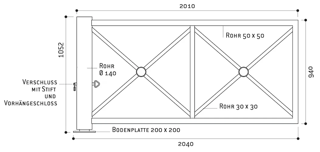 Abmessungen der Drehschranke mit Kreuz-Design in mm