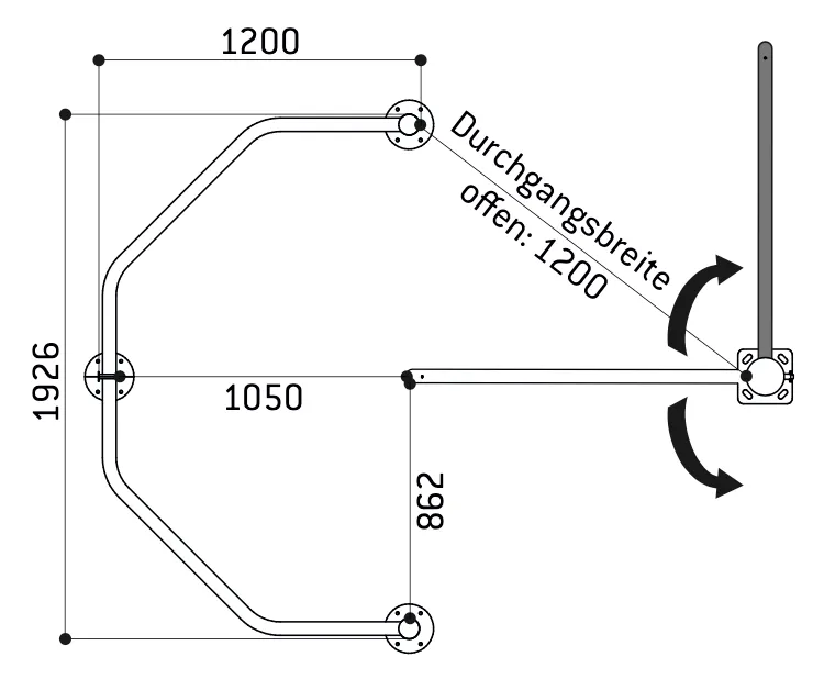 Zeichnung des feststehenden Elements für selektive Schranken in Kombination mit der Design-Drehschranke mit 1400 mm Länge (Abmessungen in mm)