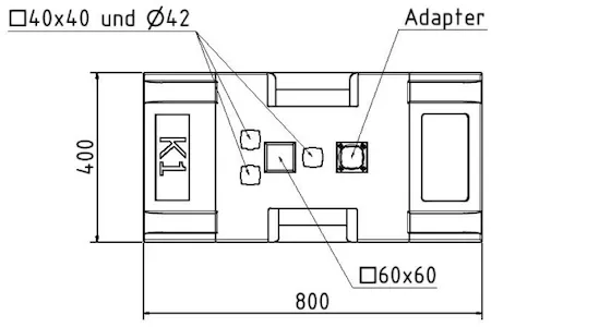 K1-Fußplatte als Zeichnung mit Abmessungen in mm