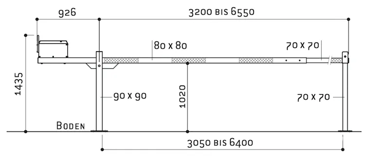 Skizze des Schlagbaums aus Aluminium mit Abmessungen und Details