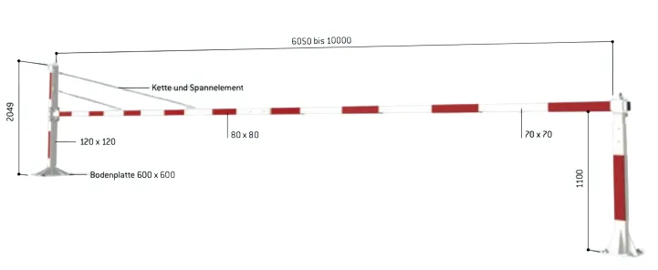 Extralange Universal-Drehschranke mit Abmessungen in mm und Beschreibung der Details