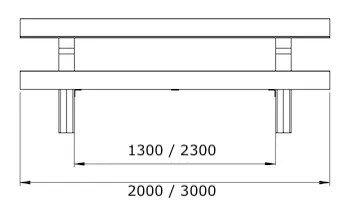 Zeichnung, die die Länge der Bank und den Abstand zwischen den Beinen des Gestells in mm zeigt