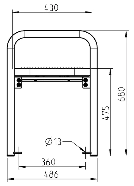 Abmessungen der mobilen Parkbank mit Bodenbefestigungslaschen in Profilansicht (in mm)