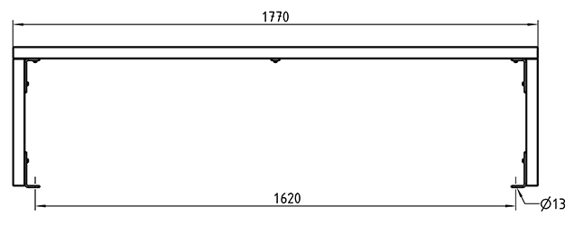 Zeichnung der geradlinigen Parkbank ohne Rückenlehne in Frontansicht mit Abmessungen in mm