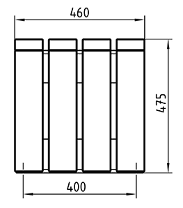 Zeichnung der geradlinigen Parkbank ohne Rückenlehne in Profilansicht mit Abmessungen in mm