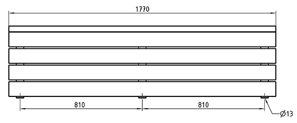 Zeichnung der geschlossenen Parkbank ohne Rückenlehne in Frontansicht mit Abmessungen in mm