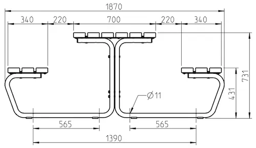 Abmessungen der Picknicktisch-Serie HEIDE Profilansicht in mm