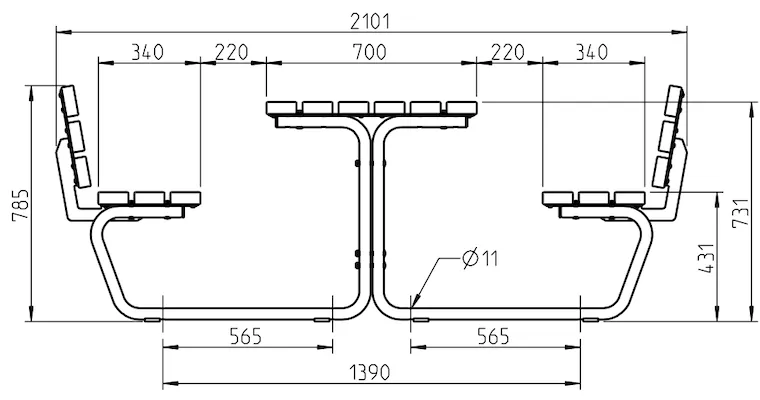 Abmessungen der Picknicktisch-Serie HEIDE mit Rückenlehne in Profilansicht (in mm)