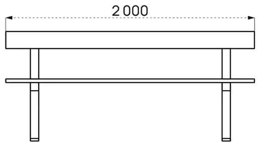 Kompakte Parkbank aus massivem Kiefernholz, mit Rückenlehne in Frontansicht als Zeichnung mit Abmessungen in mm