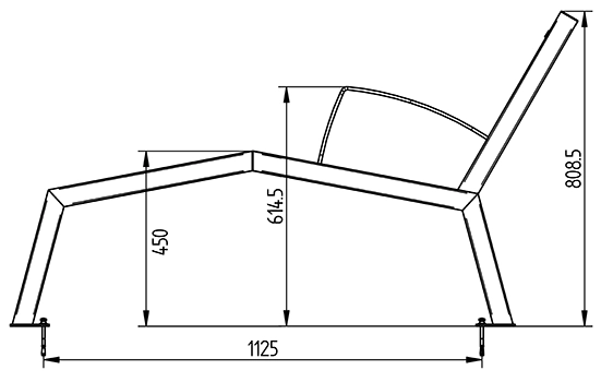 Abmessungen des Liegestuhls aus Recycling-Kunststoff & Stahl, 1-Sitzer, mit Armlehnen in Profilansicht (in mm)