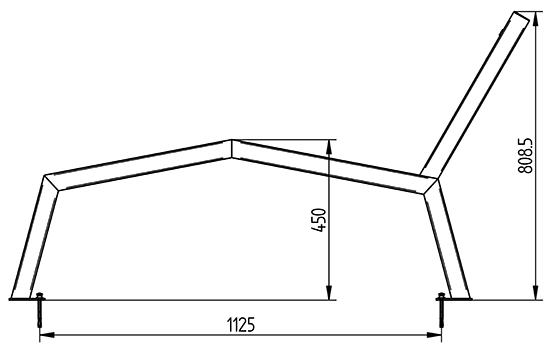 Abmessungen des Liegestuhls aus Recycling-Kunststoff & Stahl, 1-Sitzer, ohne Armlehnen in Profilansicht (in mm)