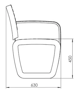 Zeichnung, die die Breite und die Sitzhöhe der Sitzbank mit Armlehnen in mm zeigt