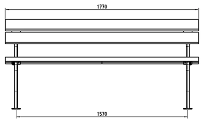 Parkbank mit Rückenlehne und Latten aus Holz oder Bambus in Frontansicht als Zeichnung mit Abmessungen in mm
