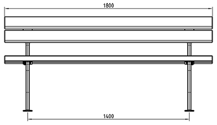 Parkbank mit Rückenlehne und Latten aus Recycling-Kunststoff in Frontansicht als Zeichnung mit Abmessungen in mm