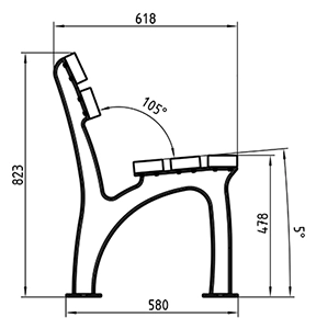Parkbank mit Rückenlehne und Latten aus Holz oder Bambus in Profilansicht als Zeichnung mit Abmessungen in mm