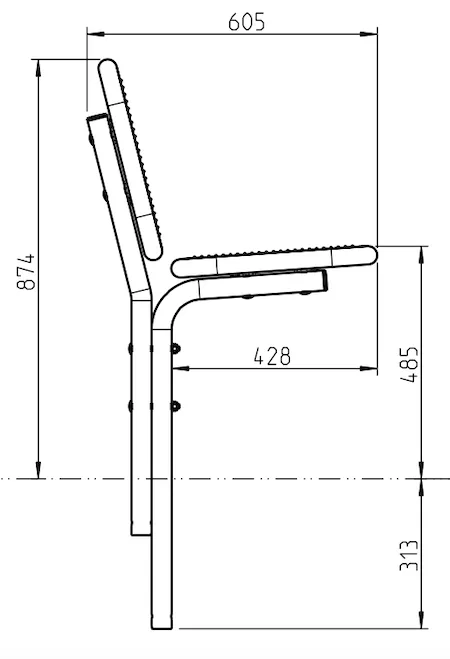 Abmessungen der ortsfesten Parkbank mit Rückenlehne in Profilansicht (in mm)