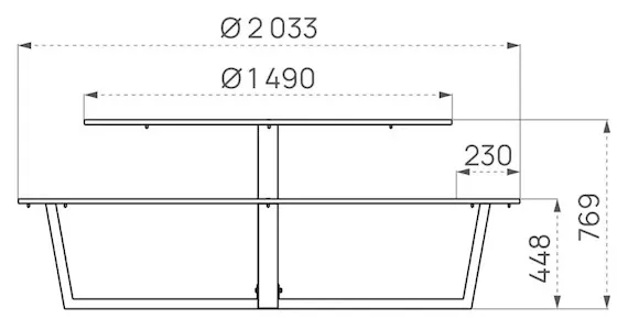 Picknicktisch mit runden HDPE-Flächen als Skizze mit Abmessungen in mm