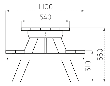 Bank-Tisch-Kombinatuon Junior zum Eibetonieren als Zeichnung im Profil mit Abmessungen in mm