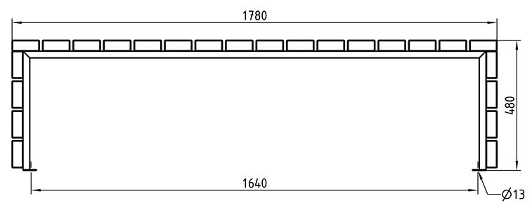 Zeichnung der extra breiten Doppelbank ohne Rückenlehne in Frontansicht mit Abmessungen in mm