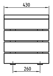 Zeichnung der geradlinigen Parkbank ohne Rückenlehne in Profilansicht mit Abmessungen in mm