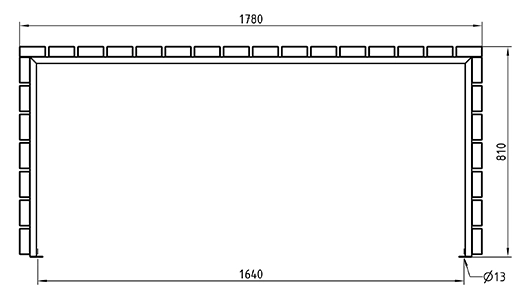 Querbeplankter Tisch aus Holz oder Bambus in Frontansicht als Zeichnung mit Abmessungen in mm