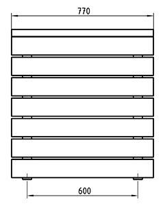 Querbeplankter Tisch aus Holz oder Bambus in Profilansicht als Zeichnung mit Abmessungen in mm