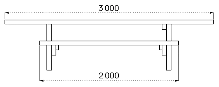 Rollstuhlgerechte massive Bank-Tisch-Kombination, komplett aus Kiefernholz als Zeichnung in Frontansicht mit Abmessungen in mm