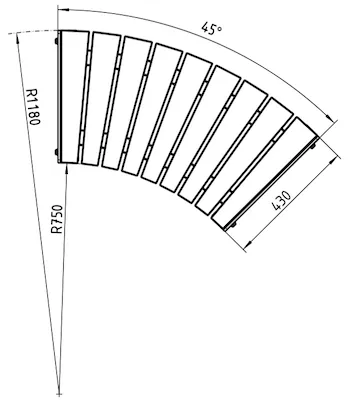 Sitzmodul mit 45-Grad-Winkel mit Angaben zum Radius