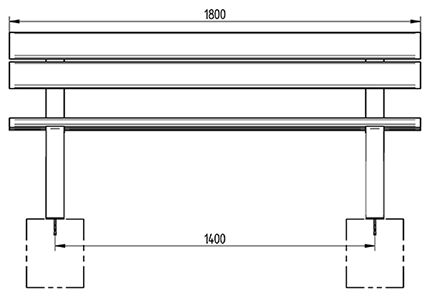 Kompakte Parkbank mit Rückenlehne, aus massivem Kiefernholz, in Frontansicht als Zeichnung mit Abmessungen in mm