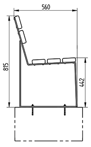 Kompakte Parkbank mit Rückenlehne, aus massivem Kiefernholz, in Profilansicht als Zeichnung mit Abmessungen in mm