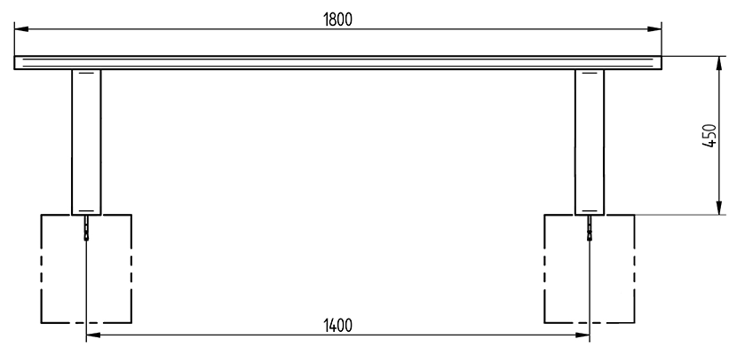 Kompakte Parkbank ohne Rückenlehne, aus Kiefernholz auf Stahl, in Frontansicht als Zeichnung mit Abmessungen in mm