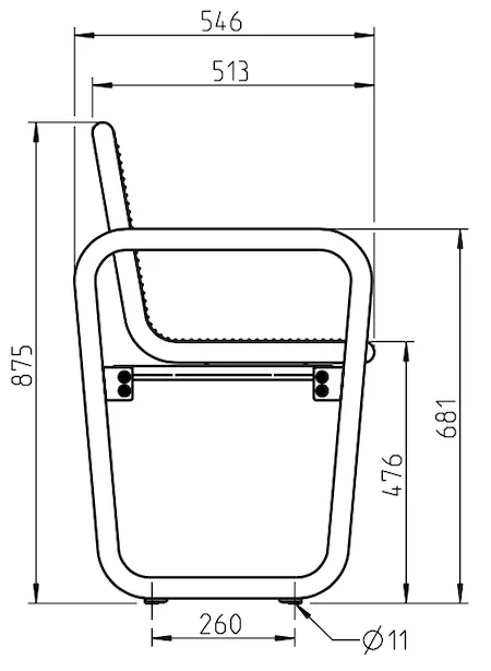 Abmessungen der Sitzbank mit Rückenlehne und Armlehnen in Profilansicht (in mm)