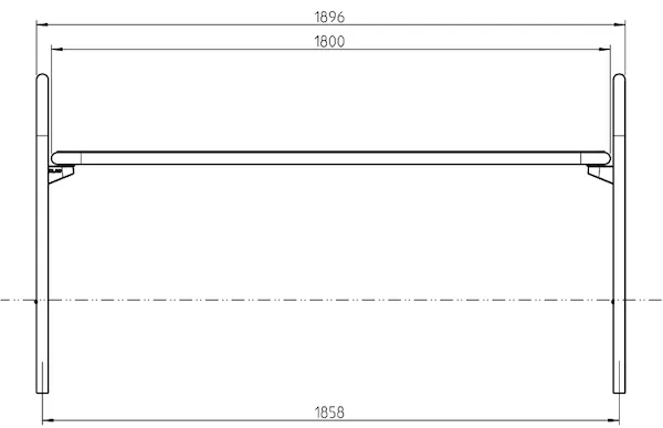 Abmessungen der ortsfesten Sitzbank mit runden Armlehnen in Frontansicht (in mm)