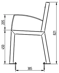 Abmessungen des Stuhls BERLIN aus Recycling-Kunststoff & Stahl, 5 Latten, mit Armlehnen in Profilansicht (in mm)