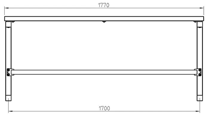 Abmessungen des mobilen Tischs KISSING mit Standfüßen in Frontansicht (in mm)