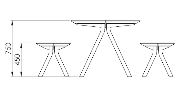 Diese Zeichnung zeigt die Höhe des Tischs und der Bänke in mm.