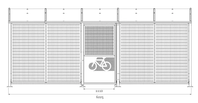 Fahrradüberdachung LUSAKA mit Bogendach und Drahtgitter-Verkleidung mit Abmessungen in mm, Frontalansicht