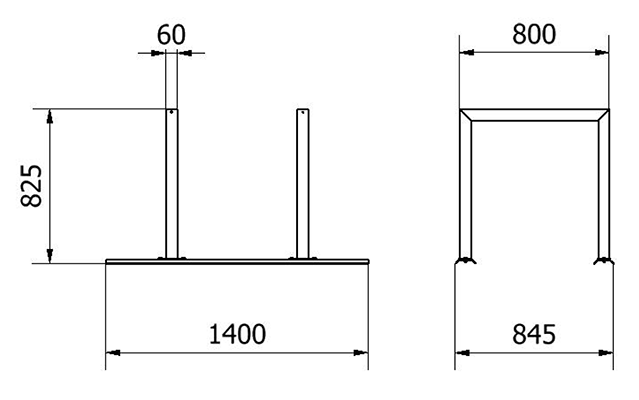 Abmessungen des Reihensystems mit 2 Fahrradbügeln aus Vierkantrohr 60x60mm, mit Schienensystem zum Aufdübeln