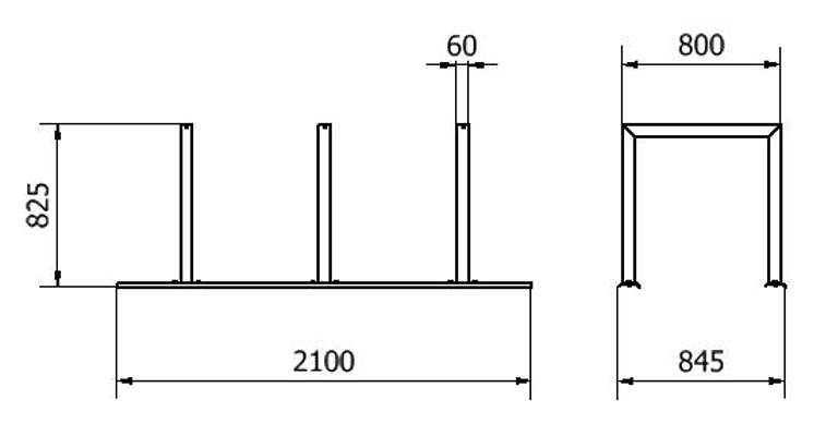 Abmessungen des Anlehnsystems mit 3 Fahrradbügeln aus Vierkantrohr 60x60mm, mit Schienensystem zum Aufdübeln