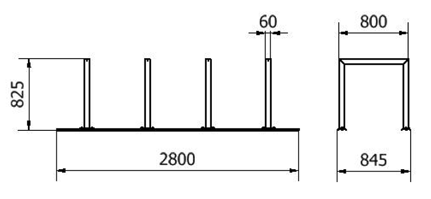 Abmessungen des Anlehnsystems mit 4 Fahrradbügeln aus Vierkantrohr 60x60mm, mit Schienensystem zum Aufdübeln