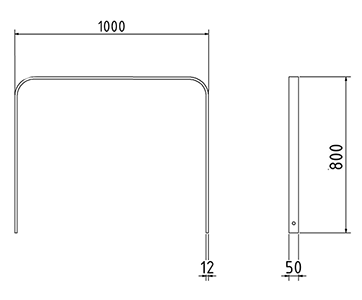 Abmessungen des Fahrradbügels mit Querholm und abgerundeter Form aus Flachstahl 50x12mm (Breite 1000 mm zum Aufdübeln) in mm